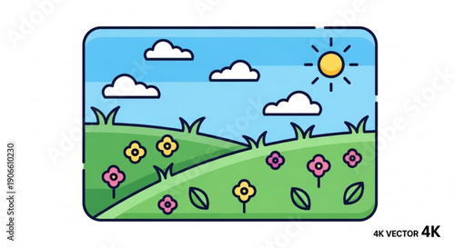 Colorful cartoon landscape with sunny sky and blooming flowers on green hillside