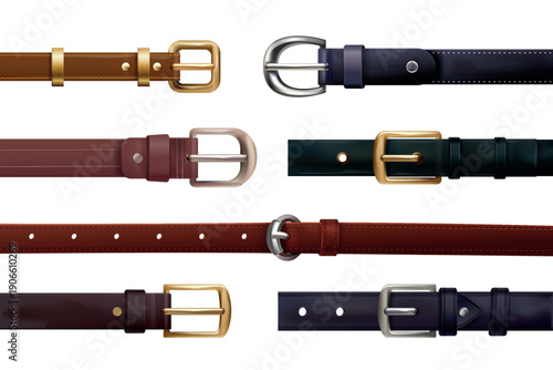 Realistic leather belts. Isolated leather belt with metal buckle, leathers horizontal strips black brown strip for fashion clothes men women jeans pants, exact vector illustration