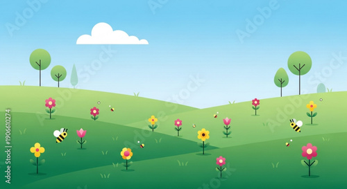 Whimsical illustration of a serene landscape with colorful flowers buzzing bees and lush green hills under a clear blue sky with a white cloud