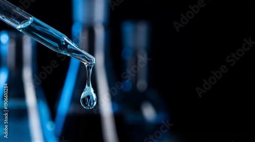 Blue liquid droplet from a pipette on a dark background. Scientific research and medical innovation in a laboratory setting for pharmacy development