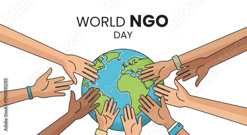 Diverse hands touching a globe on world ngo day symbolizing global unity and cooperation