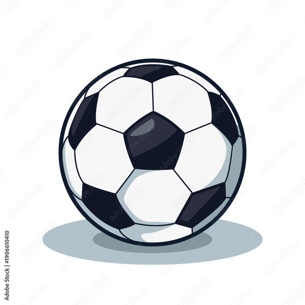 Fototapeta premium Classic soccer ball isolated on white background, traditional black and white football with shadow, sports equipment vector illustration.