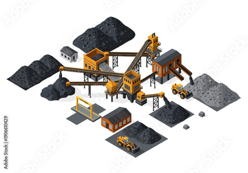 Industrial coal mining facility with sorting and transportation infrastructure
