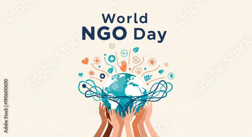 World ngo day illustration with hands holding globe and icons
