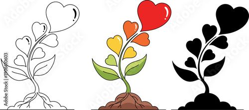 Growing Love Plant with Heart Shaped Leaves and Flowers Vector