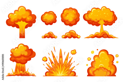 Cartoon explosion effects various shapes and sizes of fiery blasts