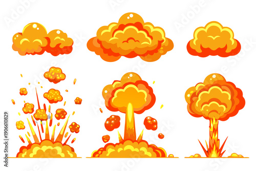 Cartoon explosion set depicting various stages of fiery blasts