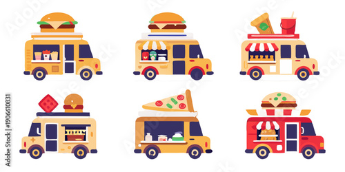 Colorful food trucks and assorted fast food items on a black background