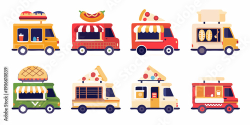 Colorful food trucks selling various meals and treats in a flat design