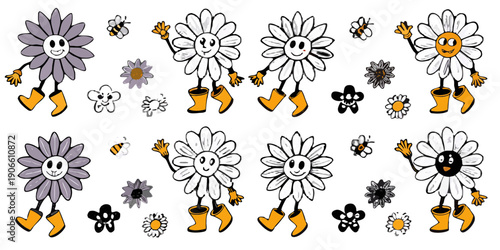 A collection of whimsical daisy like flowers with varying colors and expressions