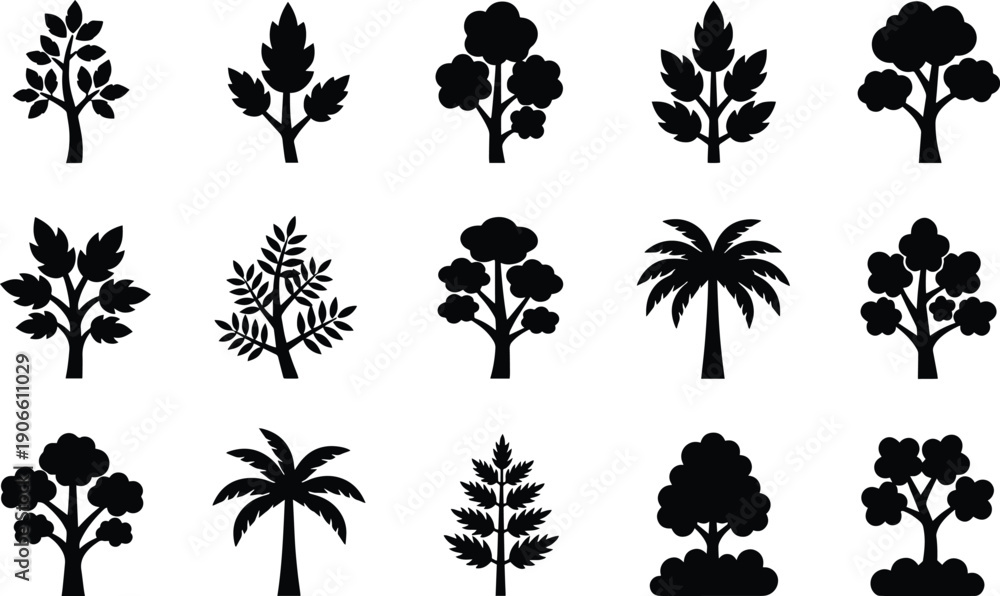Fototapeta premium Set of vector silhouette design with 12 tree and plant illustrations bundle of black icons