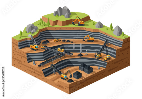 Isometric illustration of an open-pit coal mine with excavators, cranes, and conveyor belts extracting coal from layered strata.