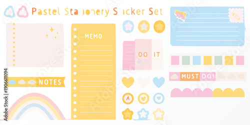 A collection of pastel stationery stickers featuring notes rainbows and decorative elements