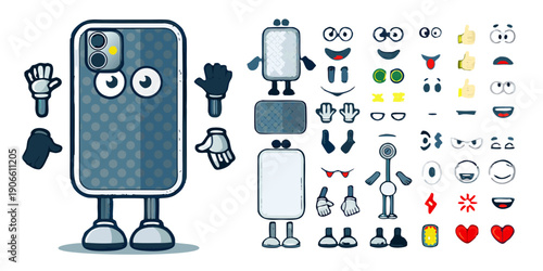 A cartoon smartphone disassembled into various emoji like components