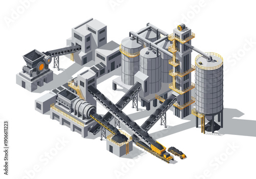 Isometric illustration of a modern industrial complex featuring multiple processing units, silos, conveyor belts, and loading facilities for raw materials and finished products.