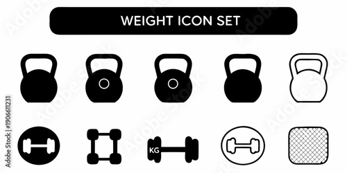 Black and white icon set depicting various weightlifting equipment styles
