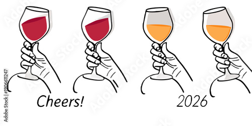Four wine glasses with red white and orange liquids labeled cheers and 2026