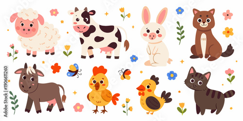 Cute cartoon farm animals and flowers presented in a colorful illustration