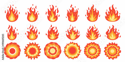 Collection of cartoon fire flames and fiery circular elements