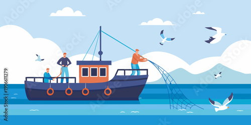 A colorful illustration depicts a fishing boat with people and seabirds