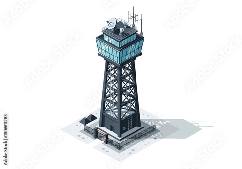 isometric illustration of a modern air traffic control tower with antennas and radar equipment on its roof, set against a white background with shadows.