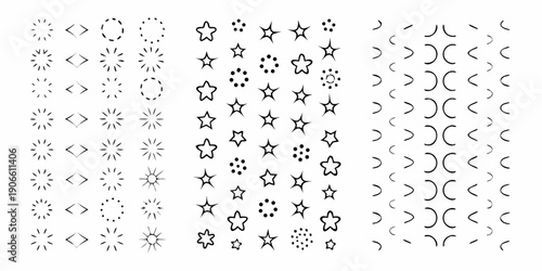 Arrangement of various geometric shapes and star like symbols