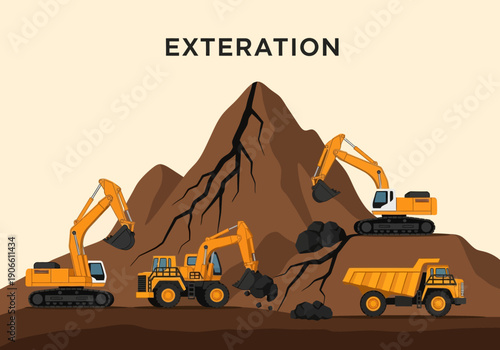 Excavators and dump trucks are actively engaged in large-scale excavation and material handling operations on a mountainous terrain.