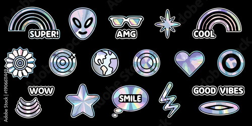 Collection of iridescent patches featuring alien rainbow and star motifs