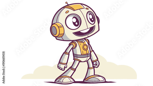 Cute little friendly cartoon robot mascot character with big eyes and smile