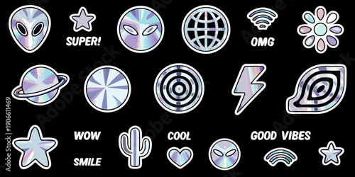 Colorful holographic sticker set featuring space aliens and positive messages