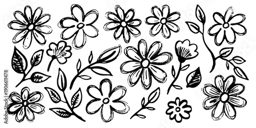Stylized black and white floral sketch with delicate hand drawn blossoms