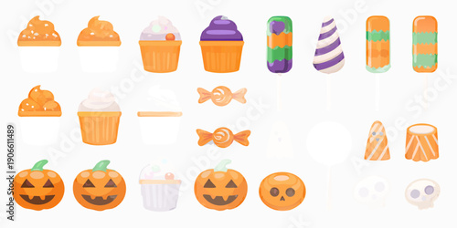 Colorful halloween treats and decorations arranged on a black background