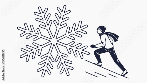 Athlete struggles uphill against a giant stylized snowflake in cold weather icon