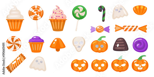 Colorful halloween candies and treats arranged on a black background