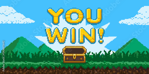 Pixel art graphic displaying a you win message with a treasure chest