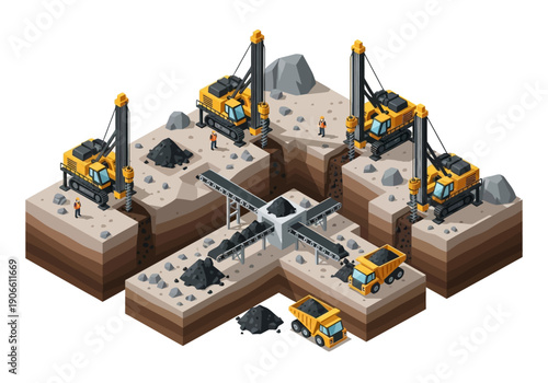 Isometric illustration of an open-pit coal mine with heavy machinery, conveyor belts, and trucks extracting and transporting coal.