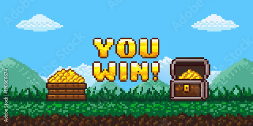 Pixel art illustration displaying a you win message with treasure