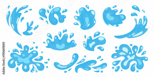 Collection of stylized blue water splashes and droplets on white background