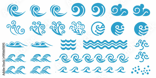 Collection of blue water wave swirls and stylized ocean elements