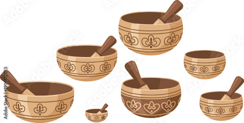 Tibetan Singing Bowls Set for Meditation and Sound Therapy Vector