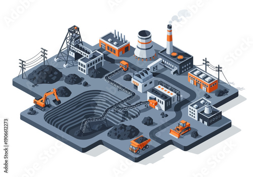 Isometric illustration of a coal mining operation, showing extraction, processing, and power generation facilities.