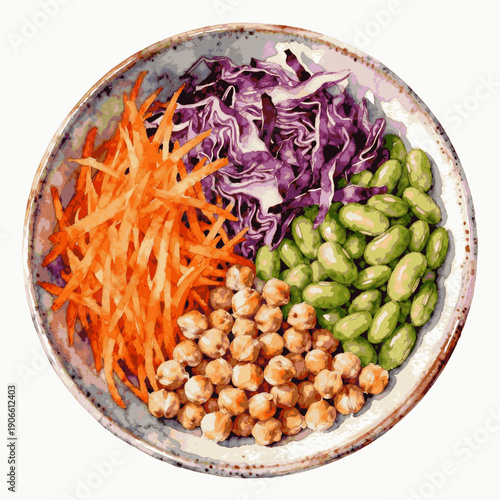Clean Veggie Plate Purple cabbage, edamame, chickpeas isolated watercolor vector illustration svg
