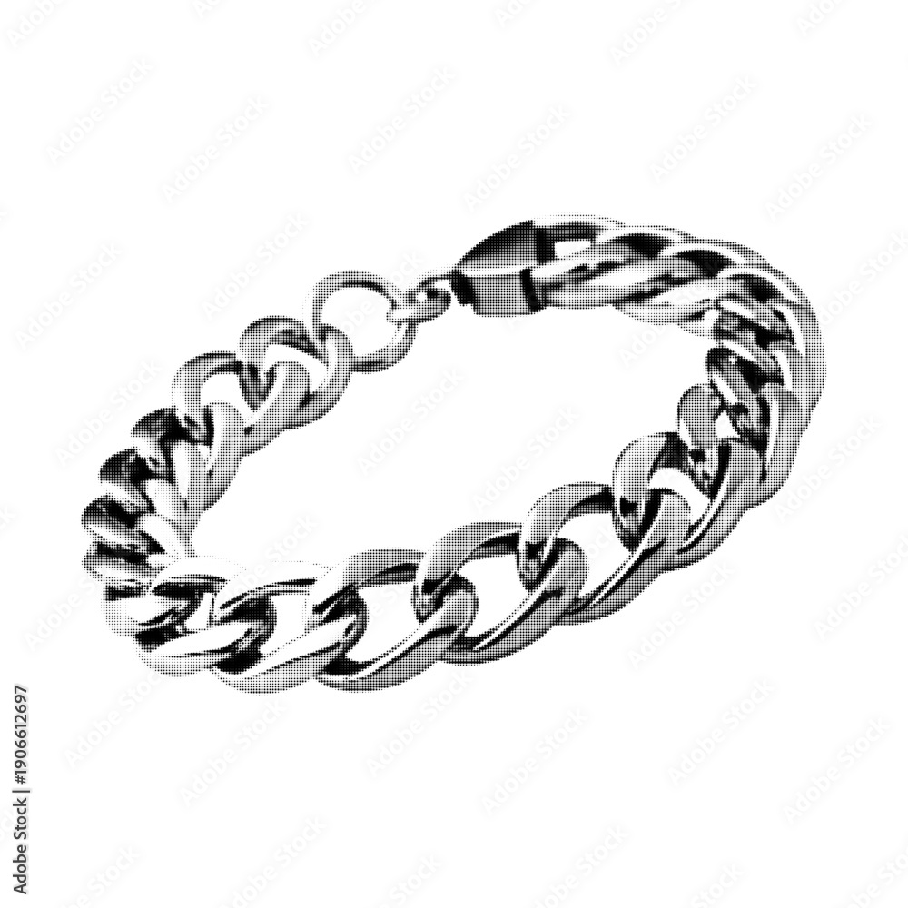 Obraz premium Chunky metal chain bracelet illustration in monochrome halftone style. Modern fashion accessory, minimal design, isolated on white background, suitable for jewelry, style, luxury and urban themes.