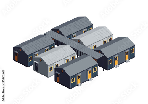 Architectural illustration of an interconnected modular building complex with multiple units
