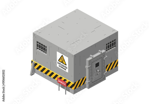 Industrial concrete building with explosion hazard warning sign and reinforced door