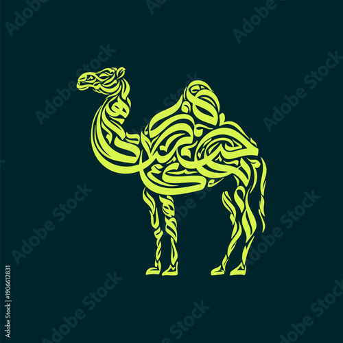 A stylized illustration of a camel with a rider in neon green