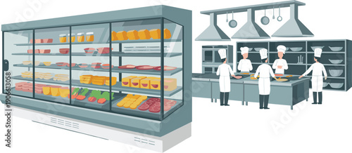 Isometric commercial kitchen and refrigerated food display illustration, chefs preparing meals catering restaurant equipment professional culinary workspace vector design