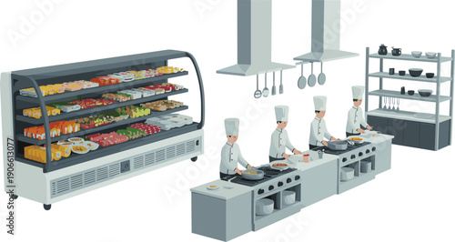 Isometric commercial kitchen and refrigerated food showcase illustration, chefs cooking catering restaurant equipment professional culinary workspace vector design