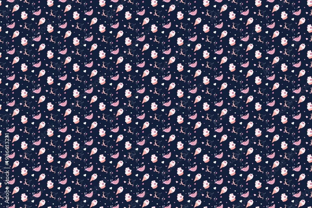 Fototapeta premium Romantic Seamless Pattern Cupcakes Hearts
