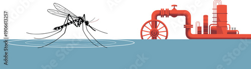 Isometric mosquito and industrial water system illustration, environmental pollution pipeline machinery vector concept health infrastructure design comparison scene